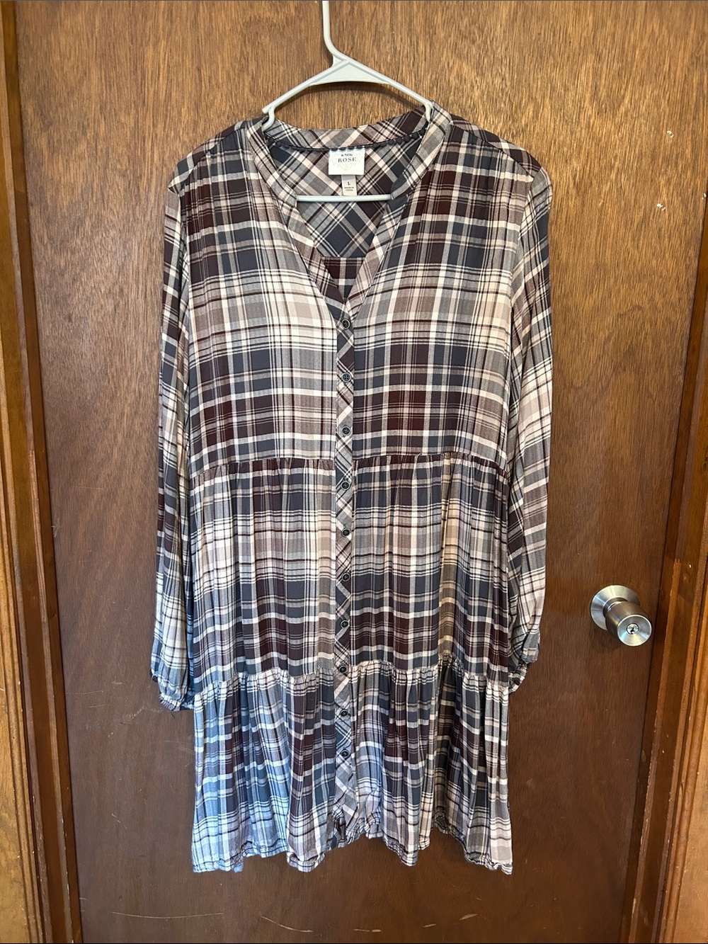 Knox Rose Brown and Black Plaid Long-Sleeve Shirt Dress